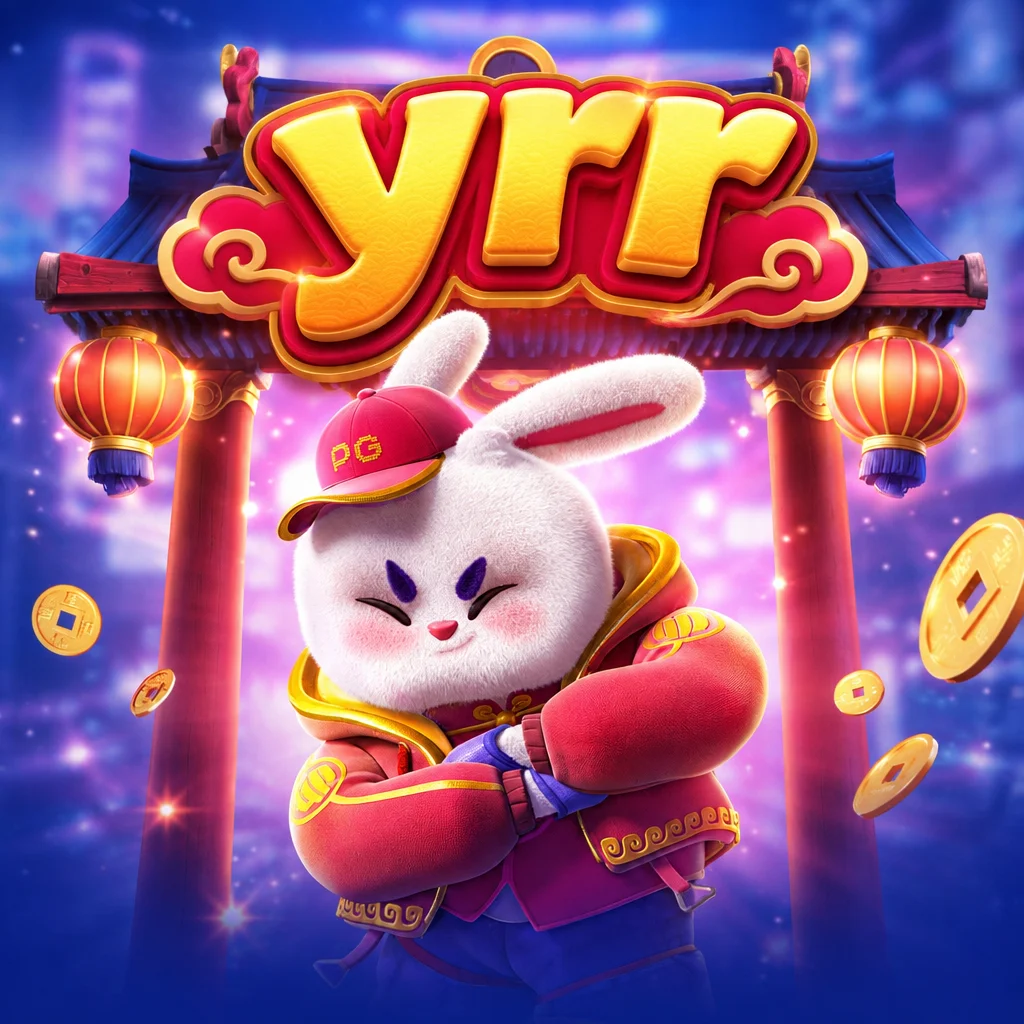 yrr Fortune Rabbit menampilkan kelinci putih bertopi merah dan jaket di bawah gapura oriental berhias lampion